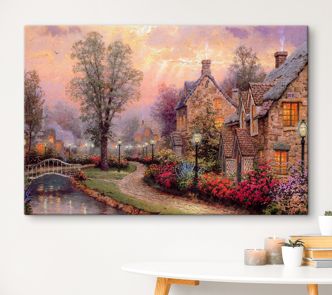 Painting of a house with flowers and a path Painting of a house with flowers and a path