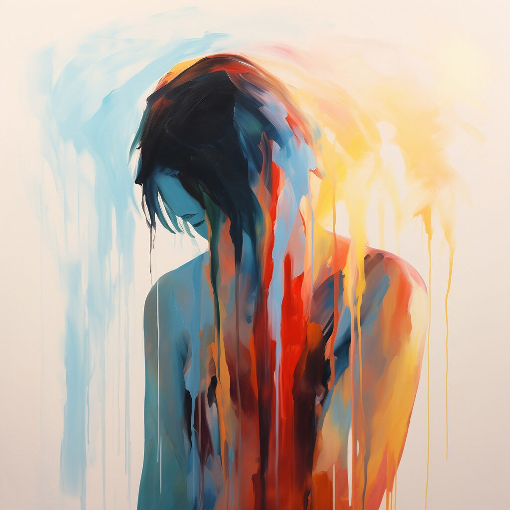 Painting of a woman with colorful paint dripping down her face