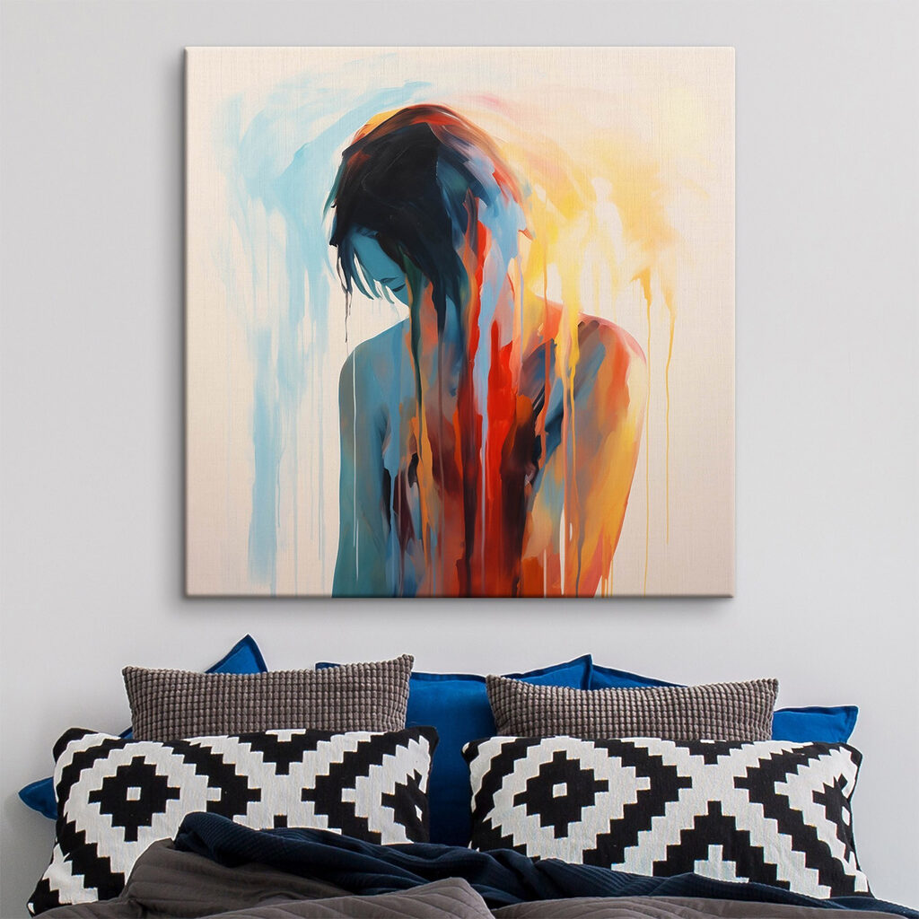 Painting of a woman with colorful paint dripping down her face