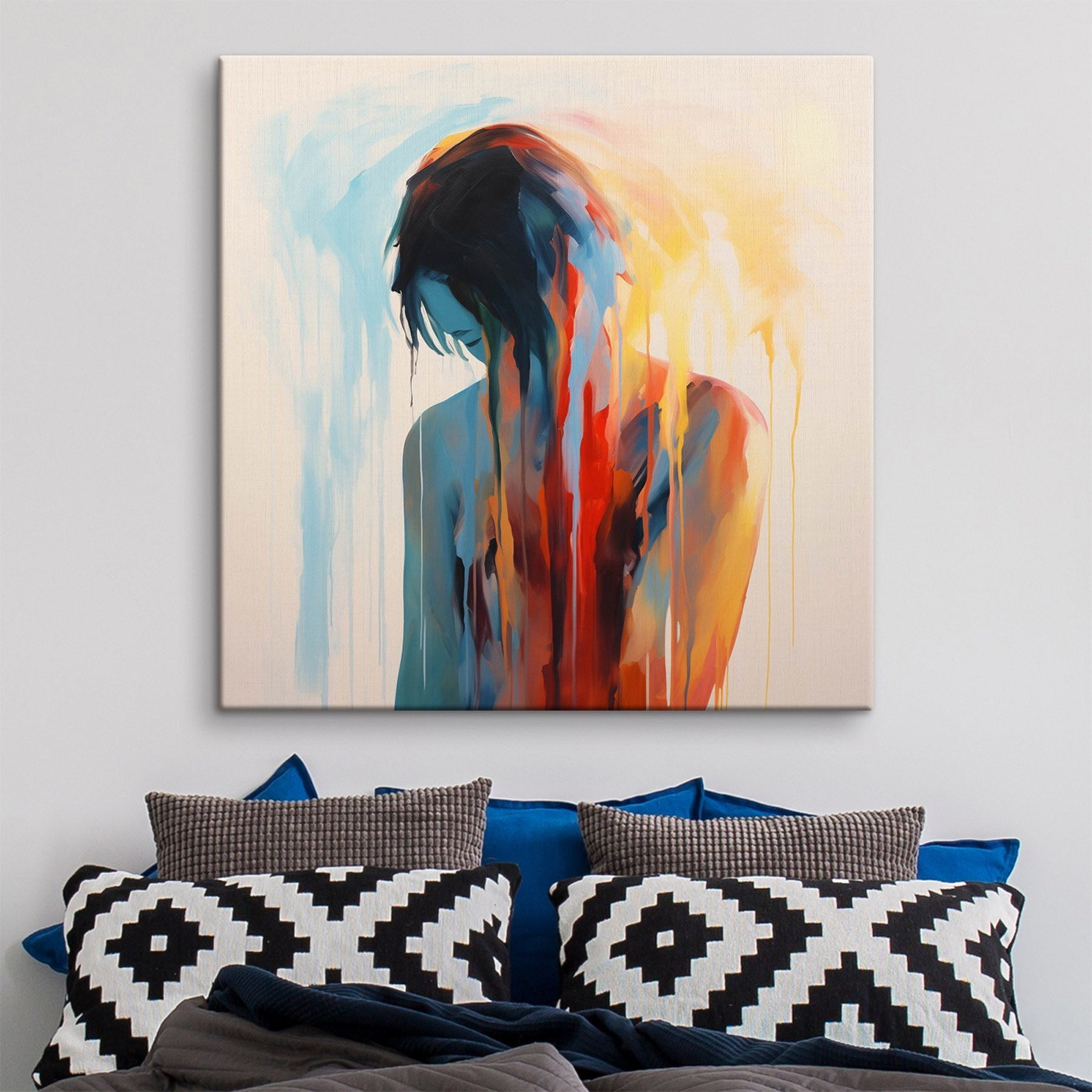 Painting of a woman with colorful paint dripping down her face