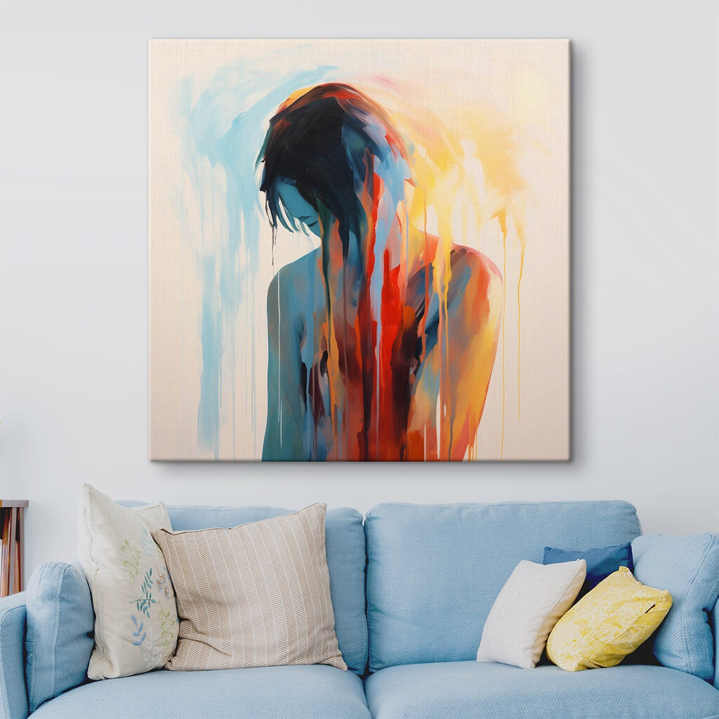Painting of a woman with colorful paint dripping down her face
