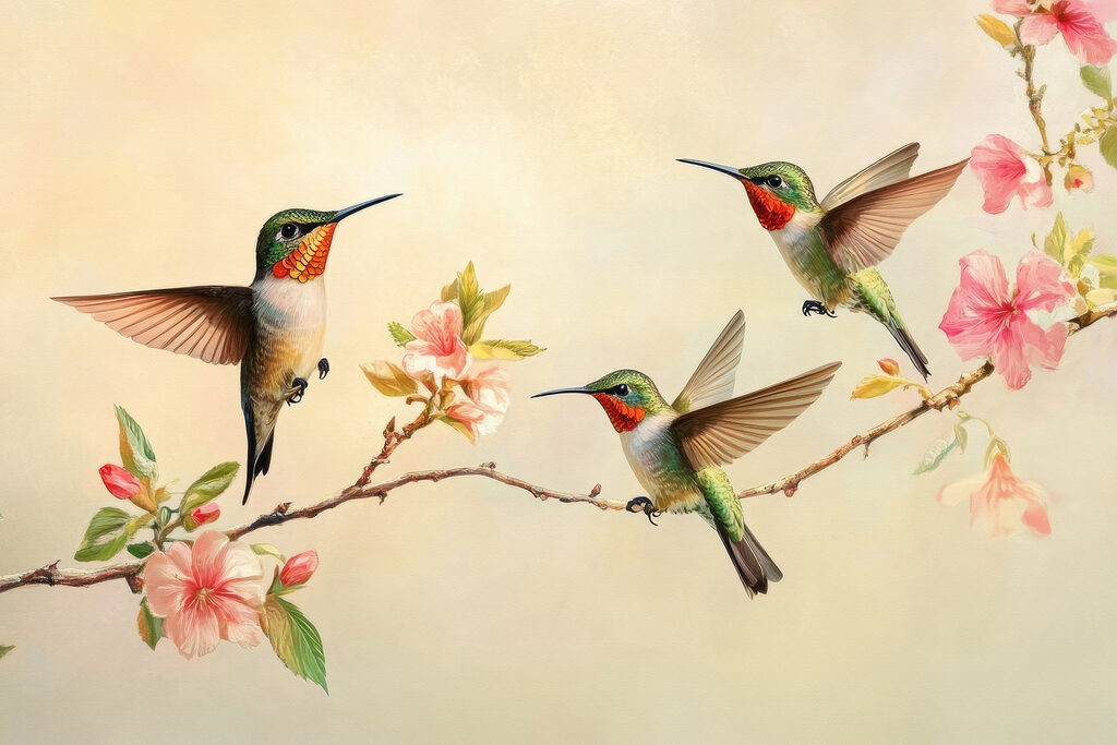 Group of hummingbirds on a branch with flowers