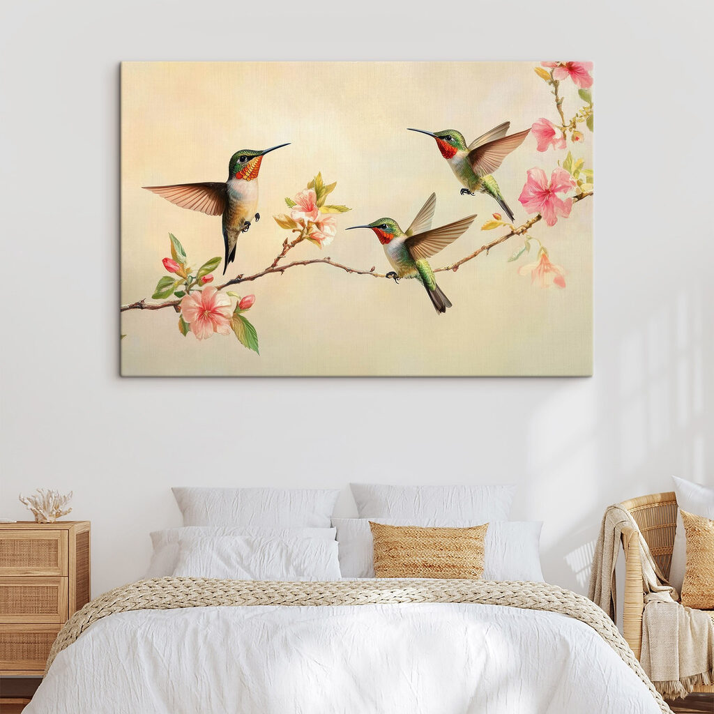 Group of hummingbirds on a branch with flowers