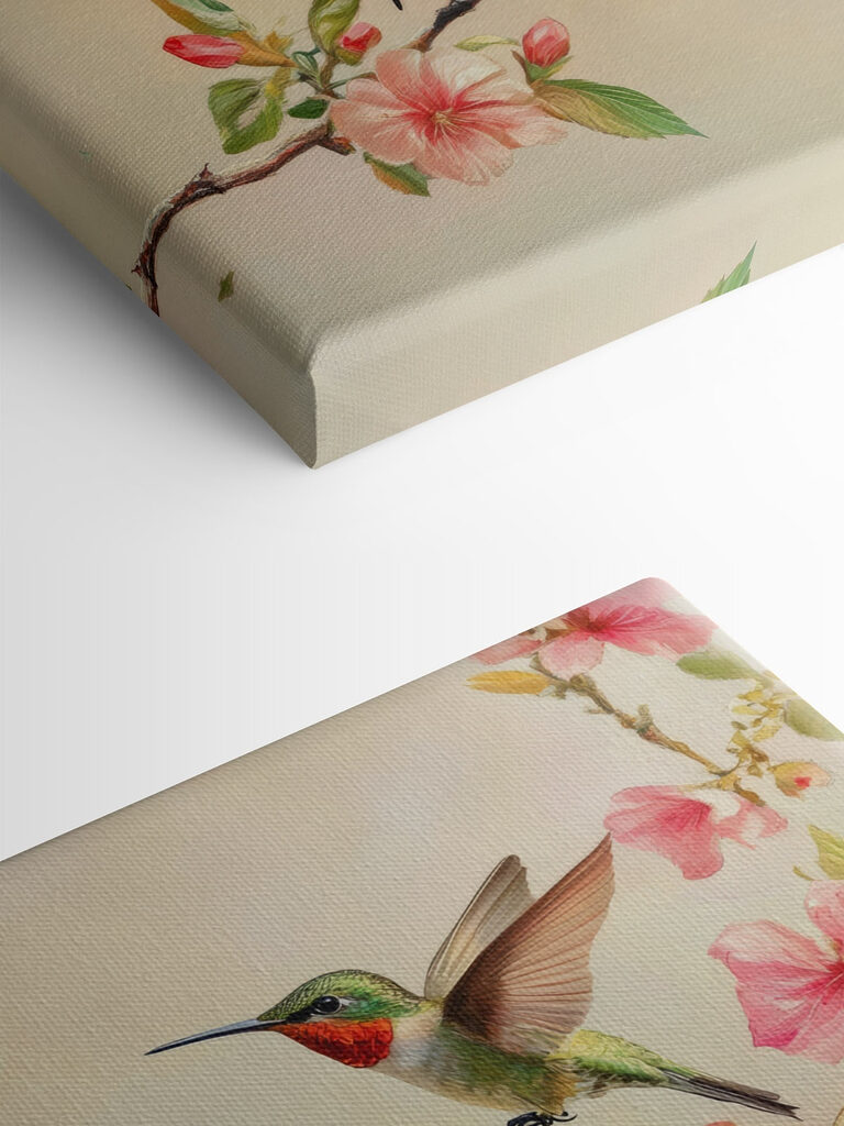 Group of hummingbirds on a branch with flowers