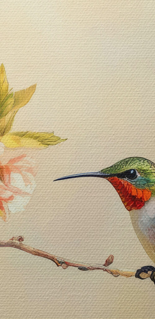 Group of hummingbirds on a branch with flowers