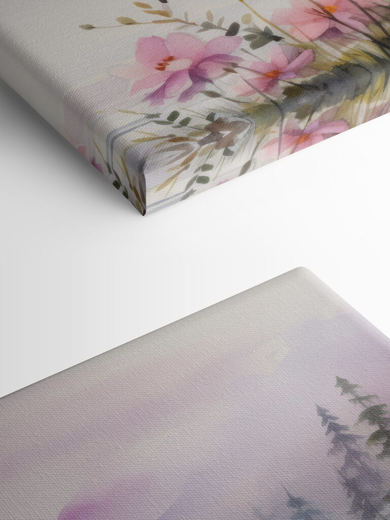 Watercolor painting of flowers and trees by a lake