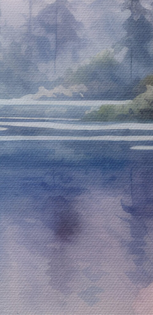 Watercolor painting of flowers and trees by a lake