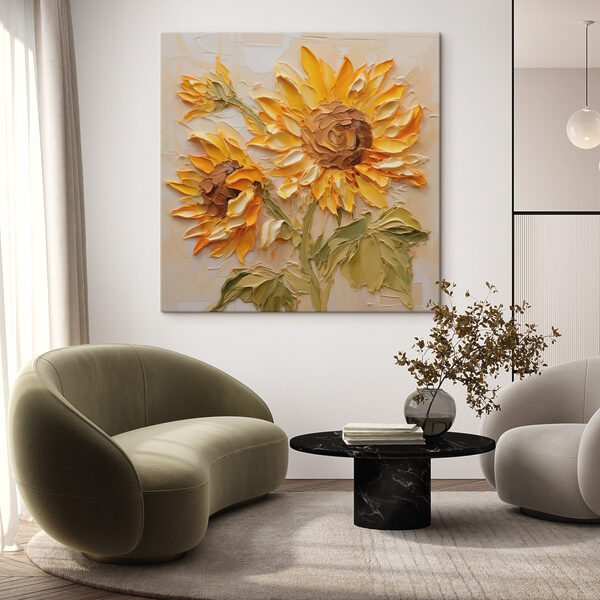 Painting of sunflowers on a white surface Painting of sunflowers on a white surface