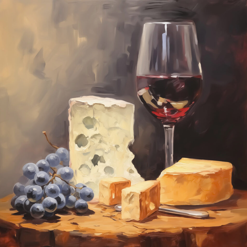 Glass of wine and cheese on a table