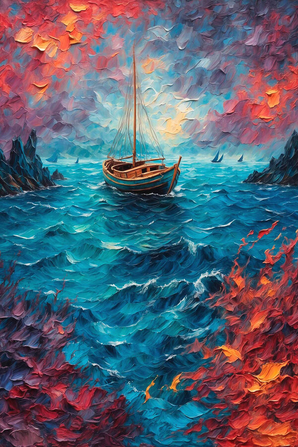 Painting of a boat in the ocean Painting of a boat in the ocean