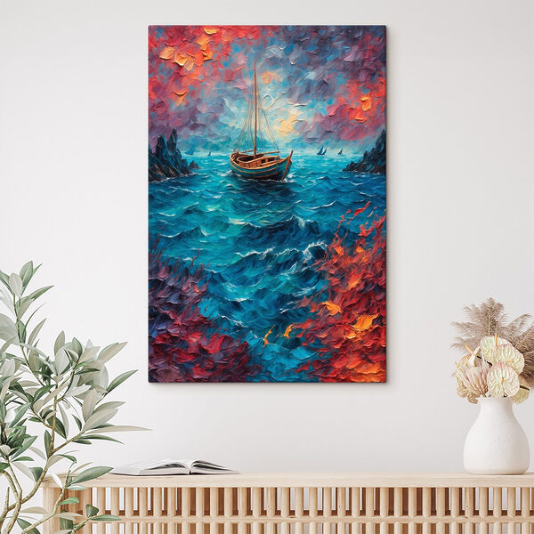Painting of a boat in the ocean Painting of a boat in the ocean