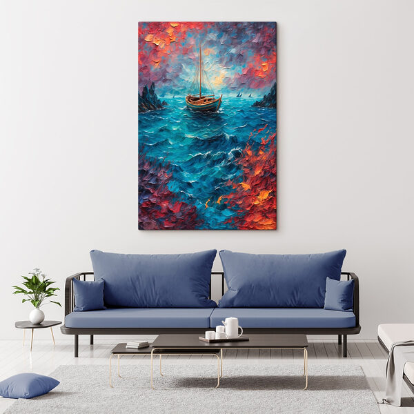 Painting of a boat in the ocean Painting of a boat in the ocean