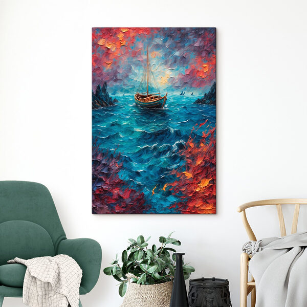 Painting of a boat in the ocean Painting of a boat in the ocean