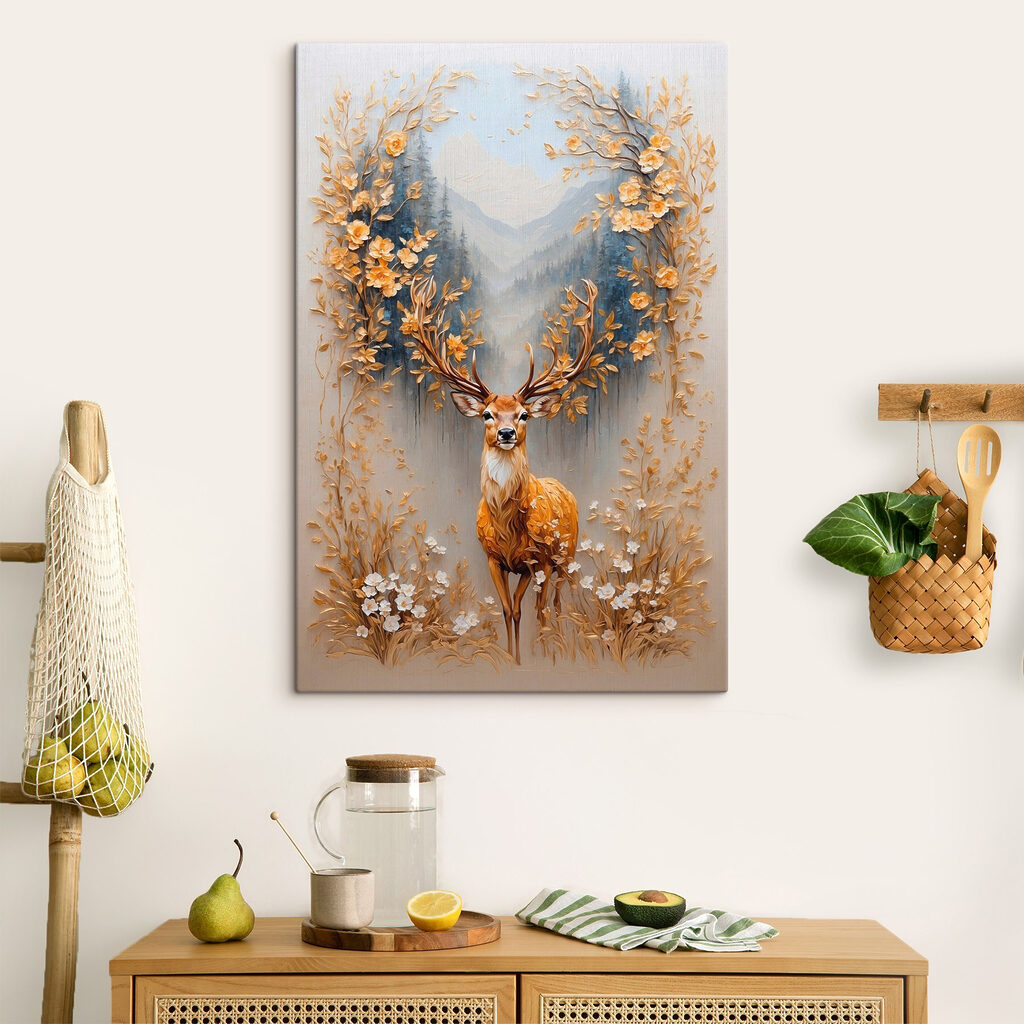 Painting of a deer with flowers and mountains
