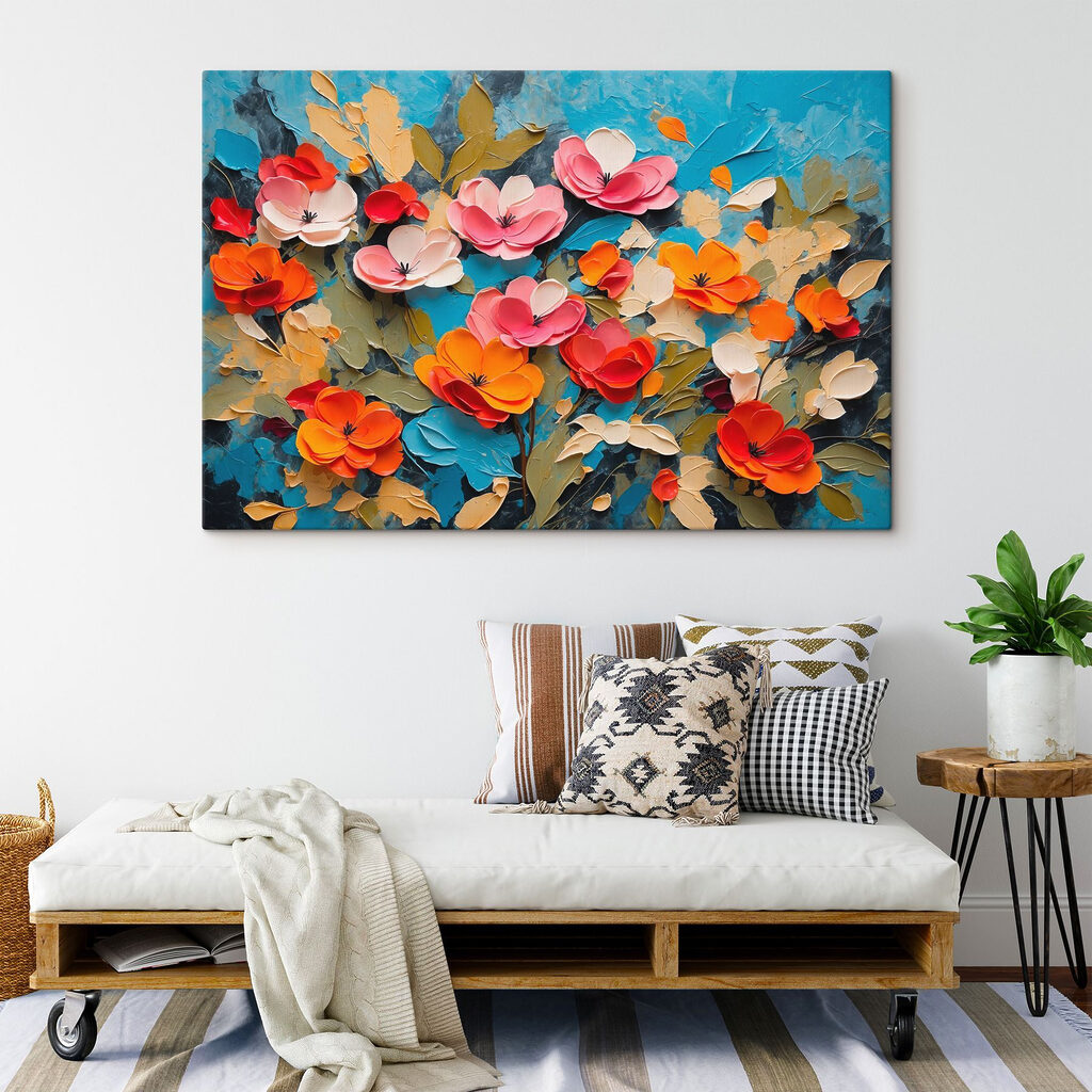 Painting of flowers on a blue surface Painting of flowers on a blue surface