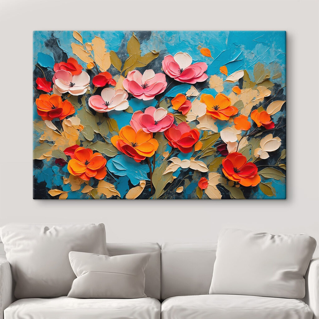 Painting of flowers on a blue surface Painting of flowers on a blue surface