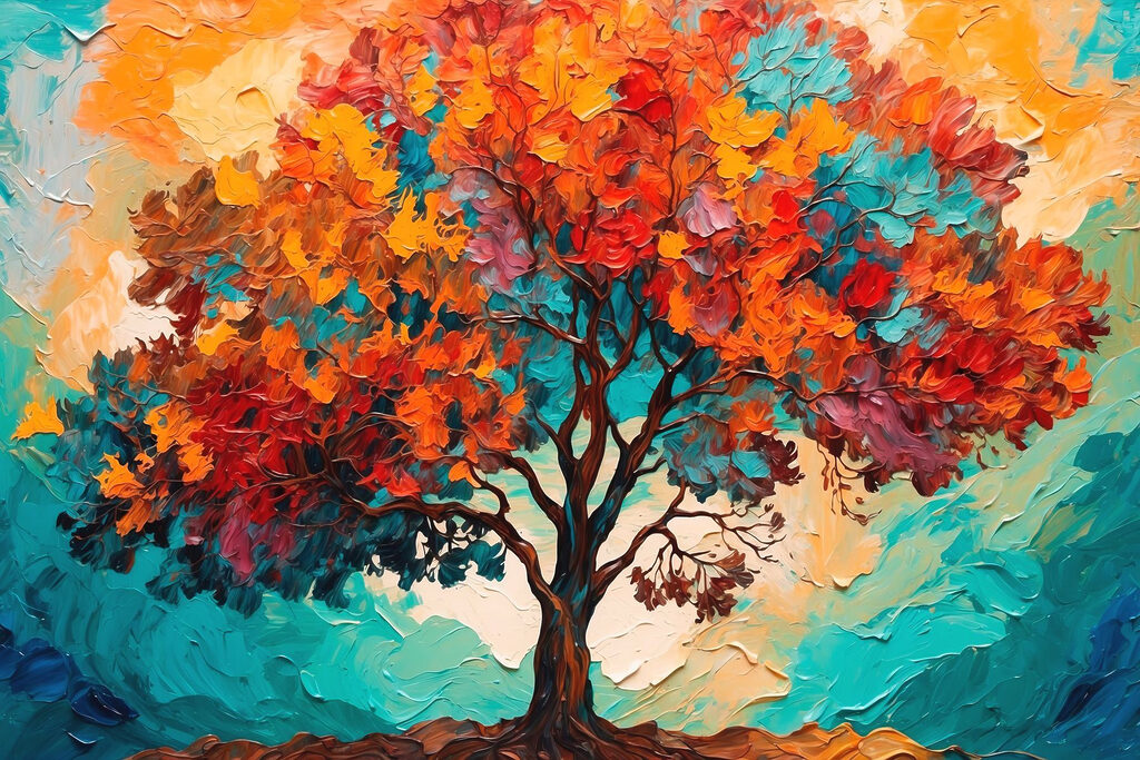 Painting of a tree with colorful leaves