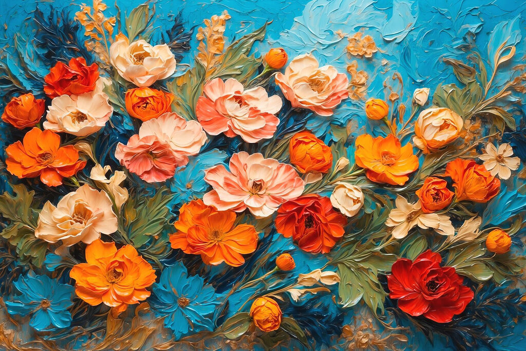 Painting of flowers on a blue surface Painting of flowers on a blue surface