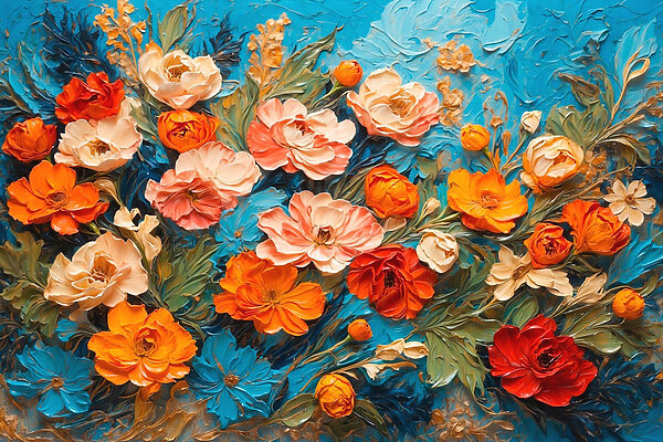 Painting of flowers on a blue surface Painting of flowers on a blue surface