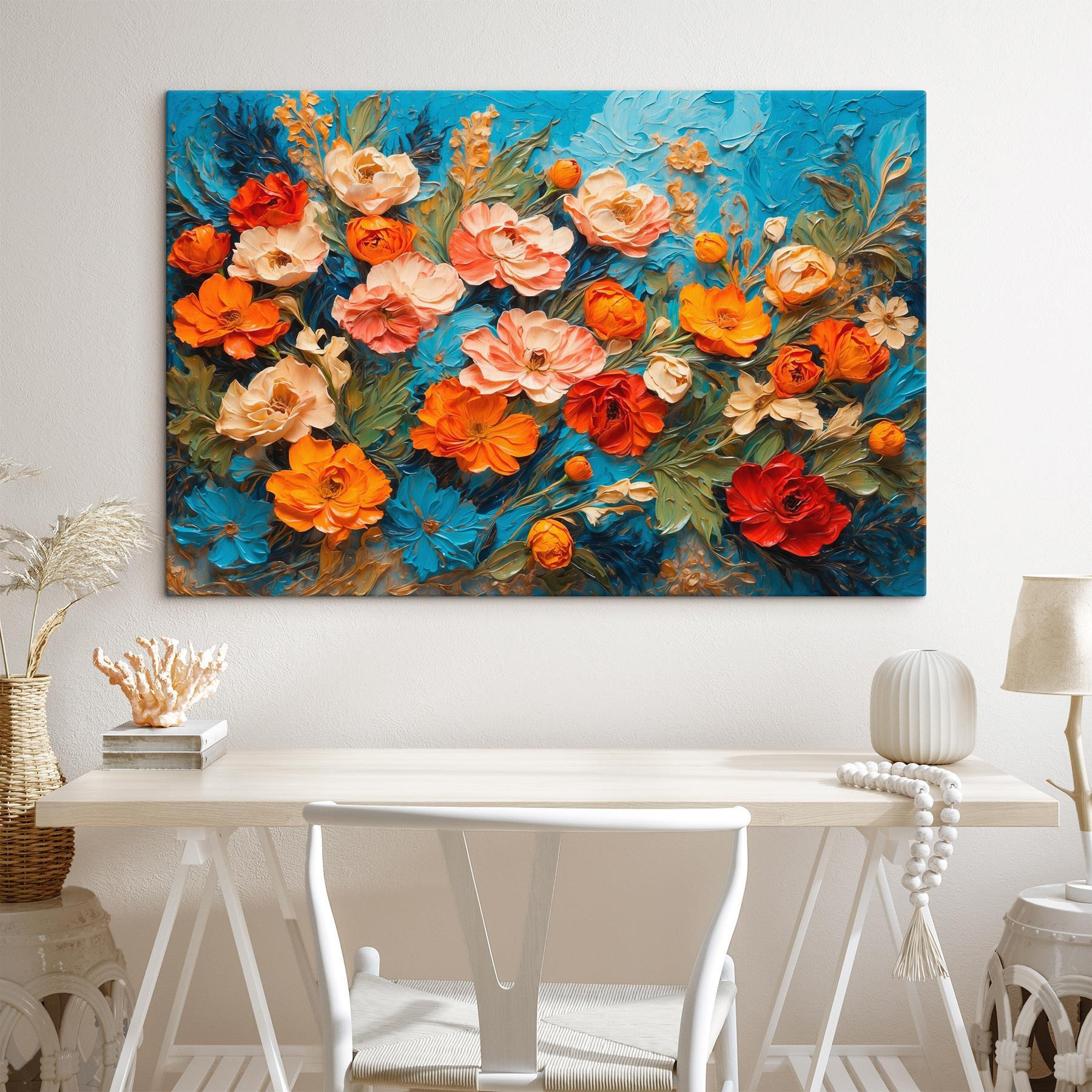 Painting of flowers on a blue surface