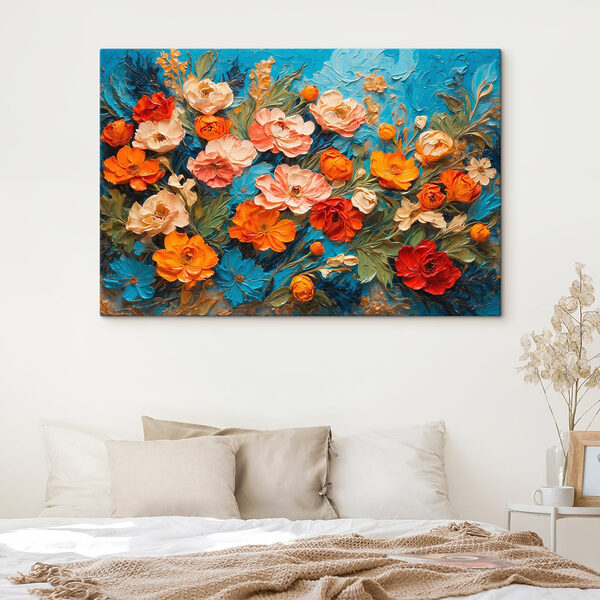 Painting of flowers on a blue surface Painting of flowers on a blue surface