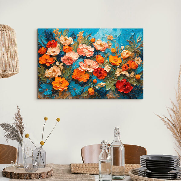 Painting of flowers on a blue surface Painting of flowers on a blue surface