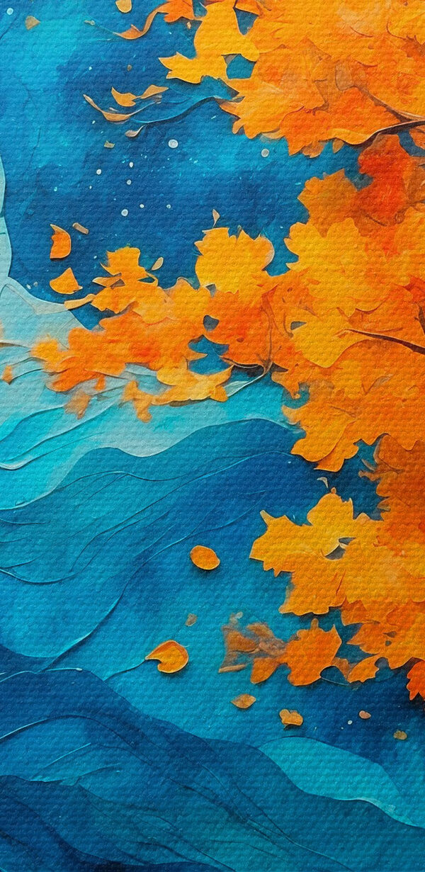 Painting of a tree with orange leaves and blue mountains Painting of a tree with orange leaves and blue mountains