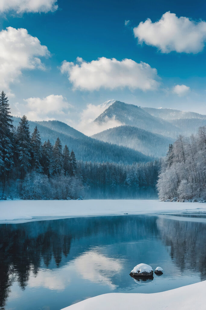 Lake with snow and trees in the background