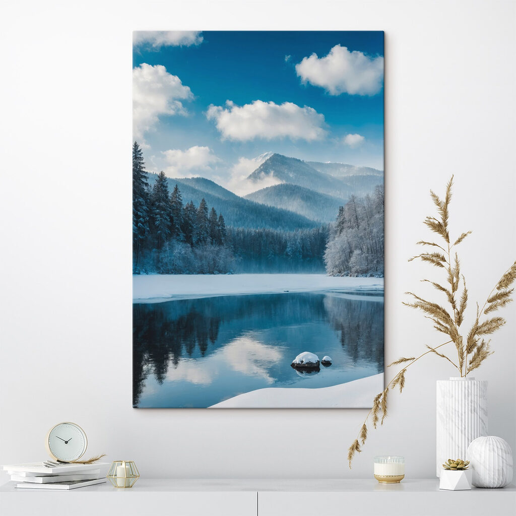 Lake with snow and trees in the background