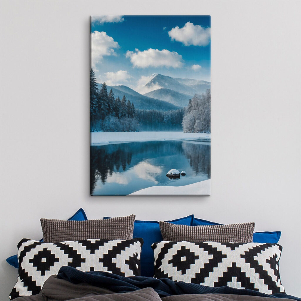 Lake with snow and trees in the background