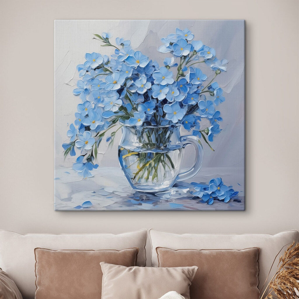 Painting of blue flowers in a glass vase