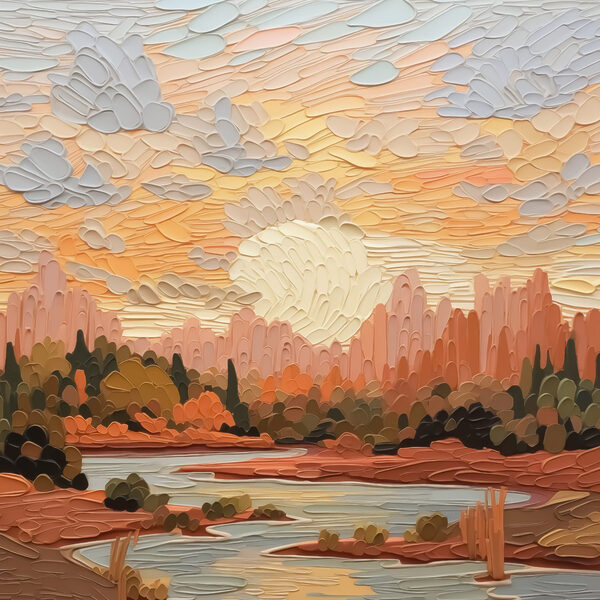 Painting of a river and trees Painting of a river and trees