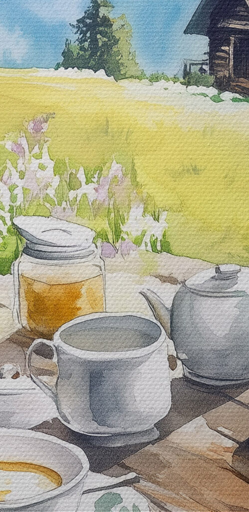 Table with food on it and a house in the background Table with food on it and a house in the background