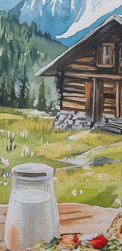 Table with food and drinks on it in front of a mountain