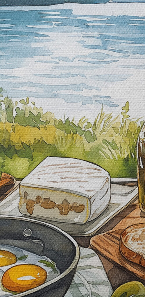 Table with food on it by a lake Table with food on it by a lake