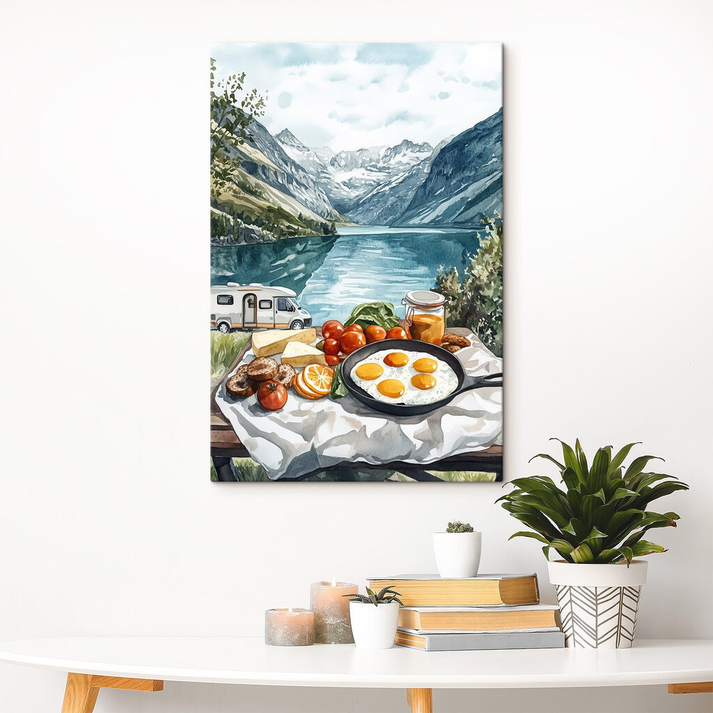 Food on a table next to a lake