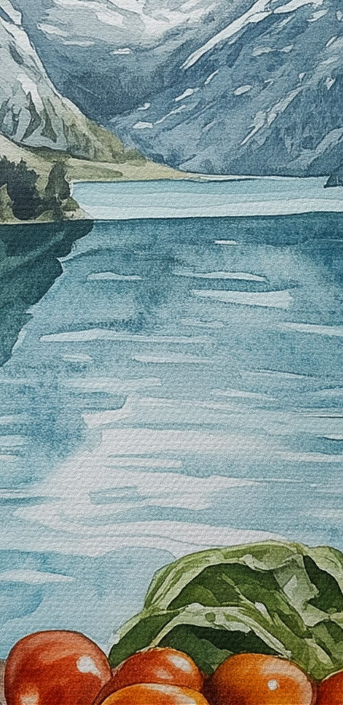 Food on a table next to a lake