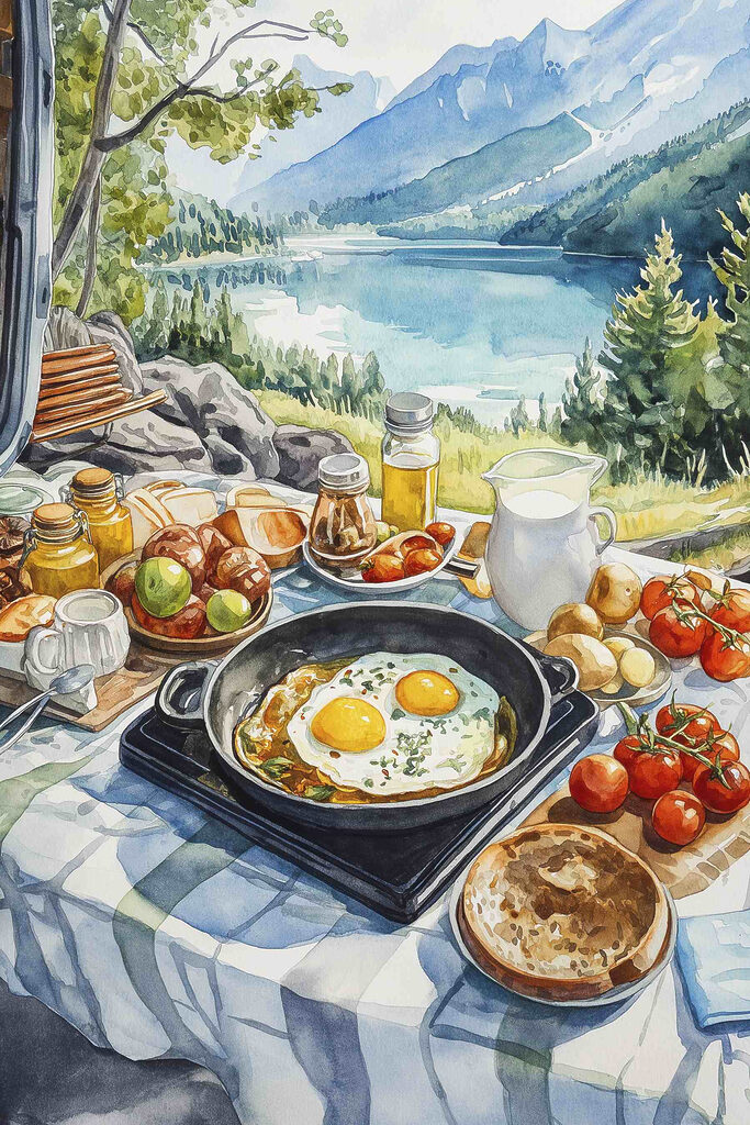 Pan of food and a pan of eggs on a table with a lake in the background