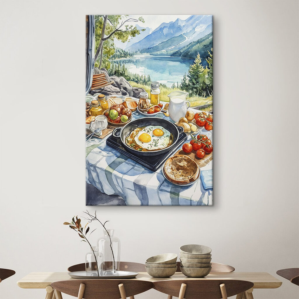 Pan of food and a pan of eggs on a table with a lake in the background