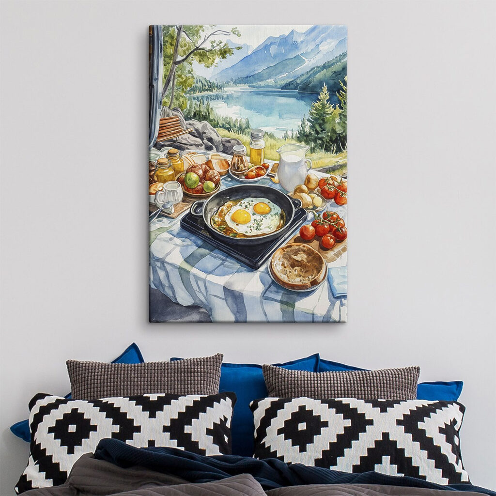 Pan of food and a pan of eggs on a table with a lake in the background