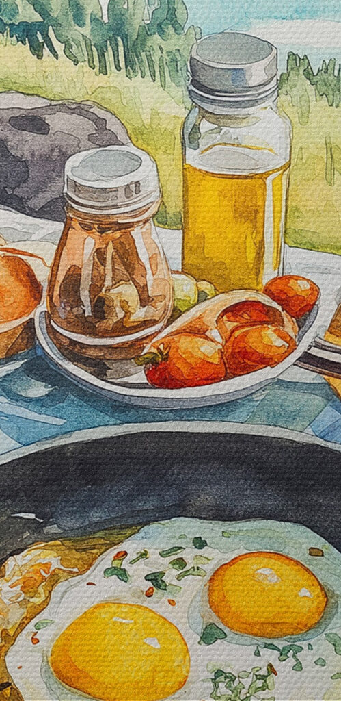 Pan of food and a pan of eggs on a table with a lake in the background