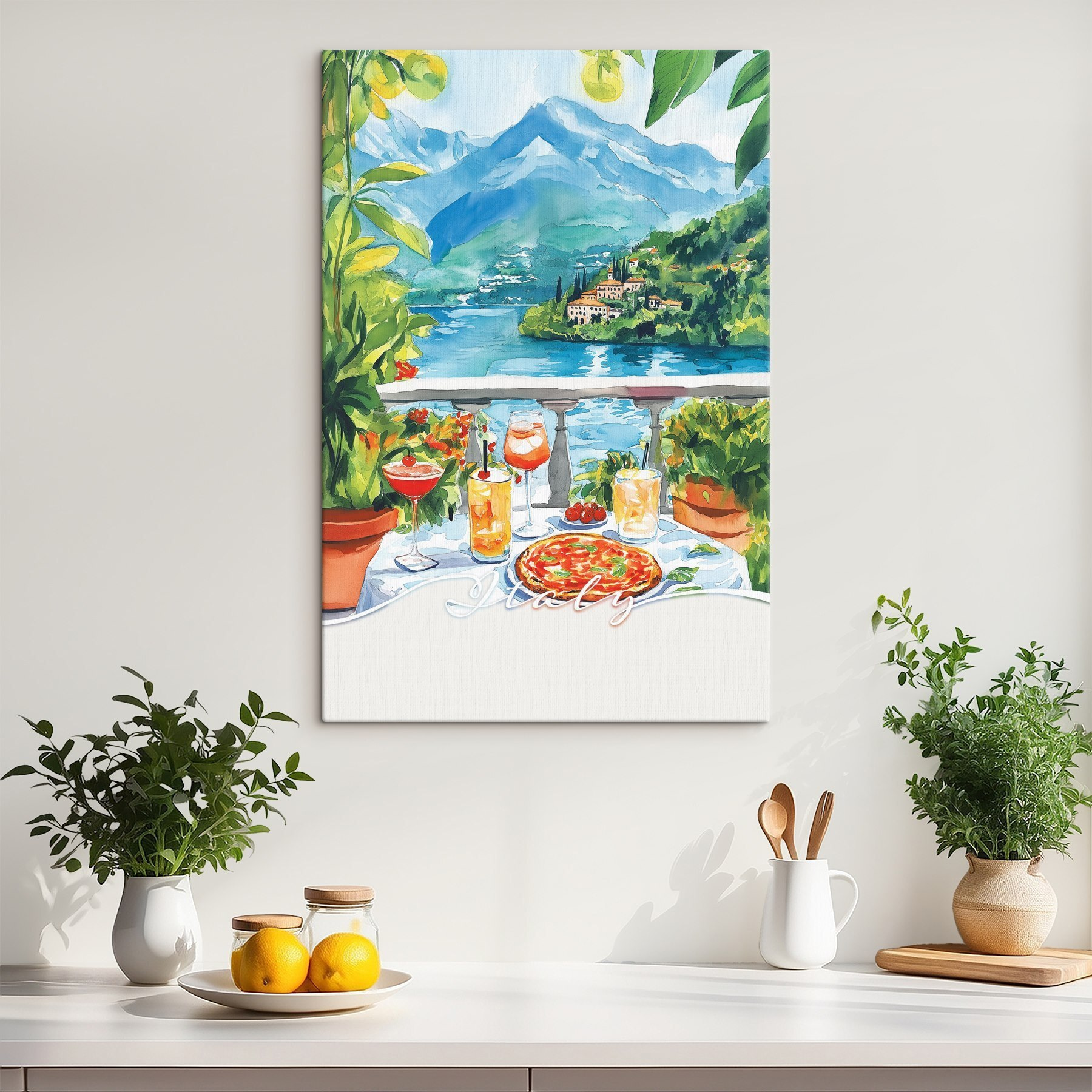 Watercolor painting of a table with drinks and a view of a lake Watercolor painting of a table with drinks and a view of a lake