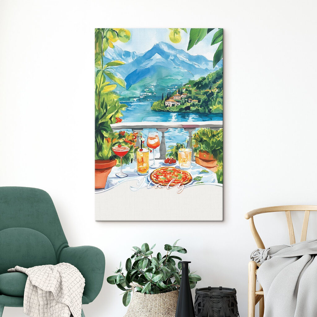 Watercolor painting of a table with drinks and a view of a lake Watercolor painting of a table with drinks and a view of a lake