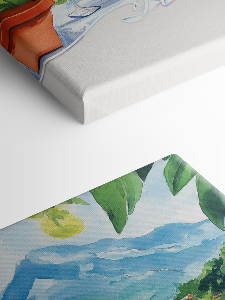 Watercolor painting of a table with drinks and a view of a lake Watercolor painting of a table with drinks and a view of a lake