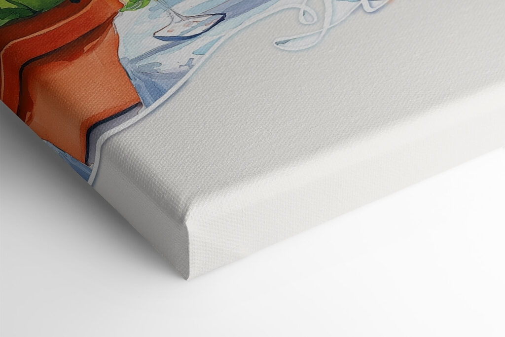 Watercolor painting of a table with drinks and a view of a lake Watercolor painting of a table with drinks and a view of a lake