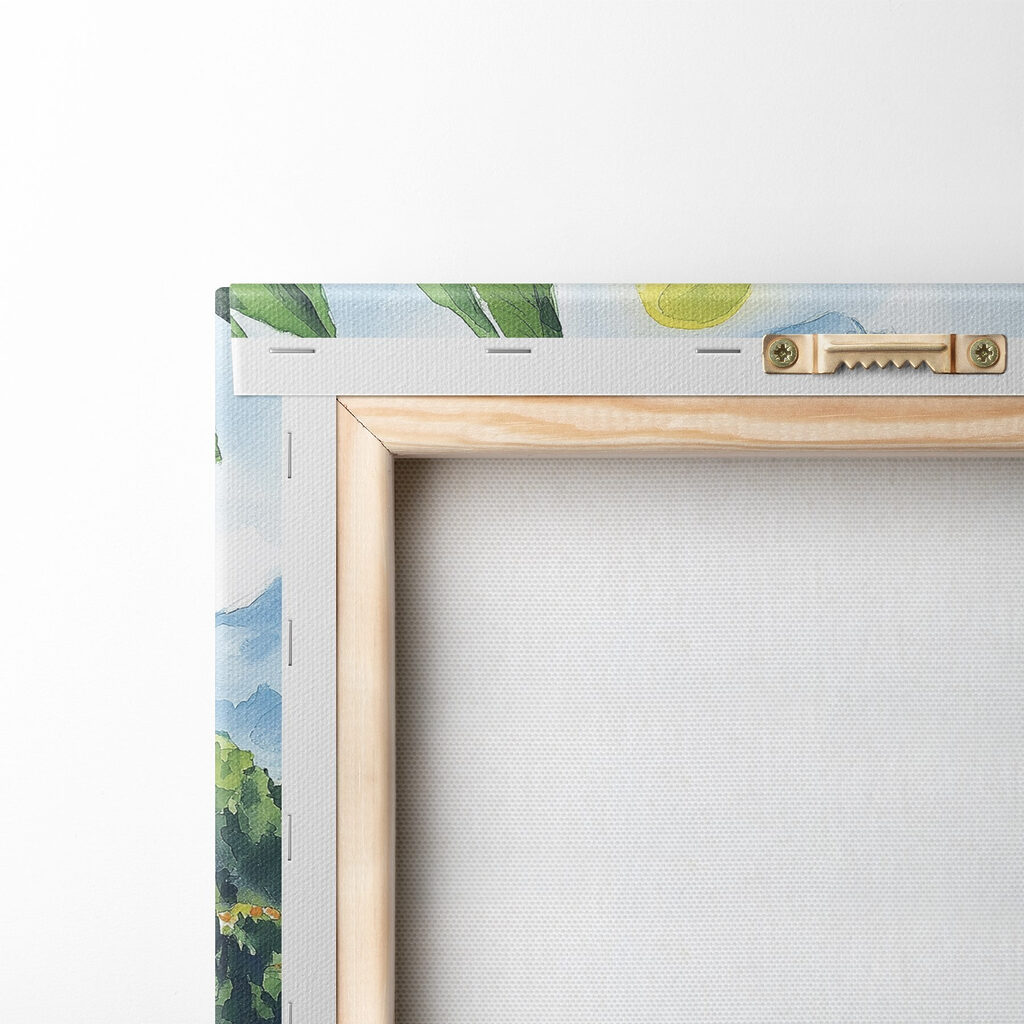 Watercolor painting of a table with drinks and a view of a lake Watercolor painting of a table with drinks and a view of a lake