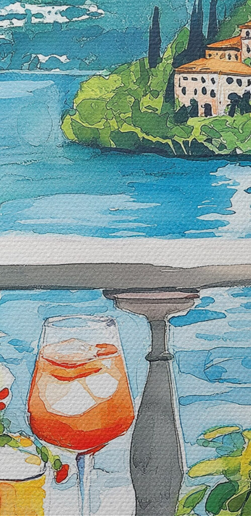 Watercolor painting of a table with drinks and a view of a lake Watercolor painting of a table with drinks and a view of a lake