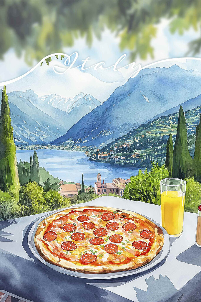 Pizza and juice on a table with mountains and trees Pizza and juice on a table with mountains and trees