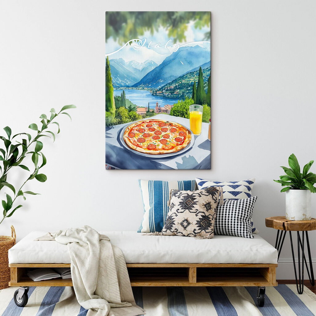 Pizza and juice on a table with mountains and trees Pizza and juice on a table with mountains and trees