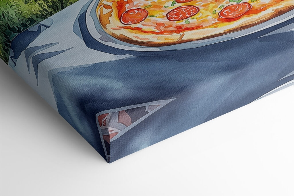 Pizza and juice on a table with mountains and trees Pizza and juice on a table with mountains and trees